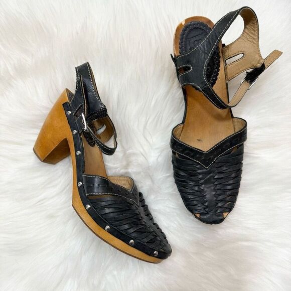 Vintage Latigre Hurricane Wedge Wooden Woven Sandals Black 8 - Picture 1 of 12